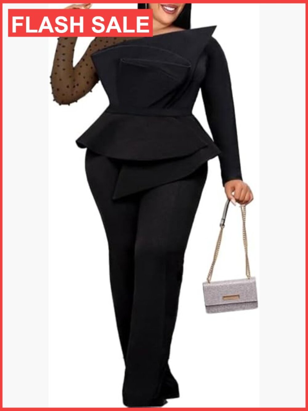 Mesh Patchwork Beaded Long Sleeve Peplum High Waist Jumpsuit